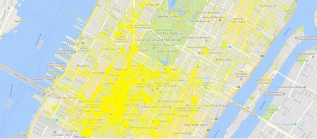 Image. Carte représentant les points chauds de bonheur à Manhattan (crédits : Ben Galon, Yerach Doyshter, Yaron Kanza)