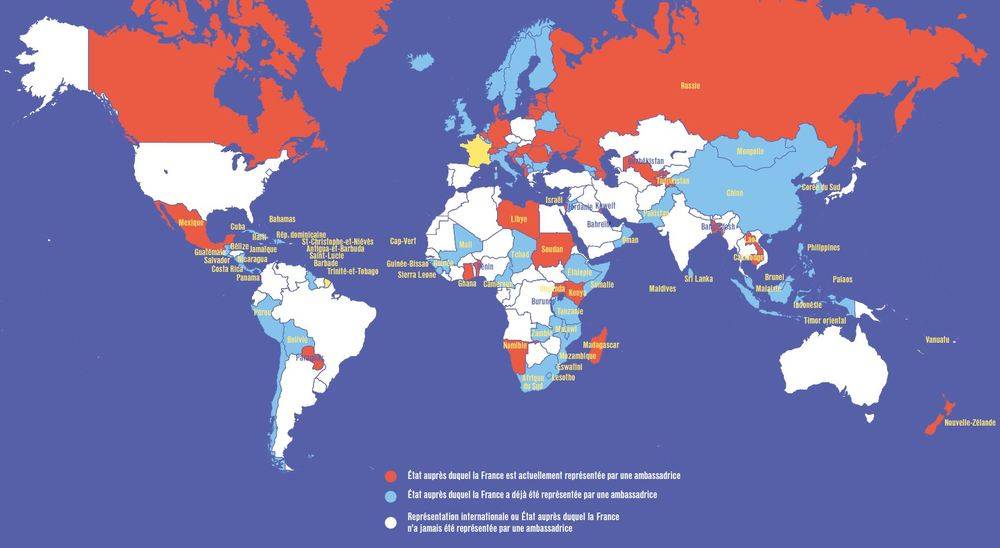 In red: State where France is currently represented by a female ambassador In blue: State where France has already been represented by a female ambassador In white: International representation or State where France has never been represented by a female ambassador